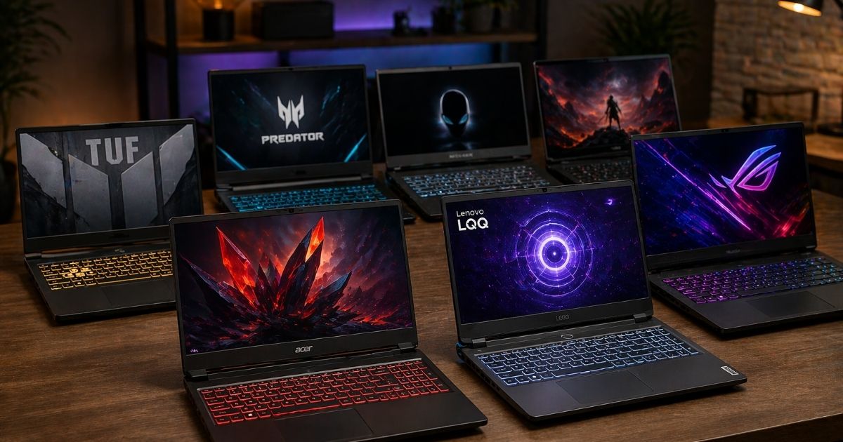 melhores notebooks para jogar em 2026 reunidos sobre bancada com modelos gamer Acer, Lenovo, ASUS e Alienware