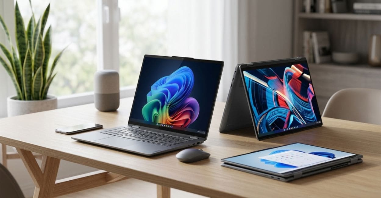 Lenovo Yoga 7 2 em 1 Ultra 7 em modo notebook e tablet com tela touchscreen