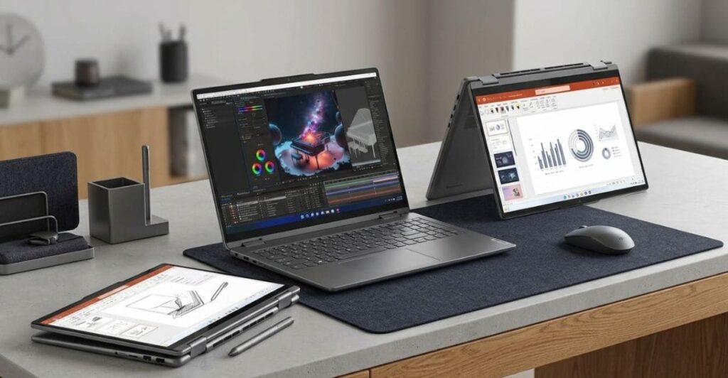 Lenovo Yoga 7 2 em 1 Ultra 7 em ambiente de trabalho premium