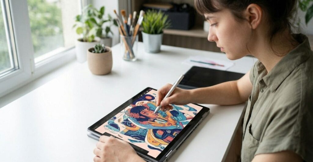 Pessoa utilizando Lenovo Yoga 7 2 em 1 em modo tablet para produtividade criativa