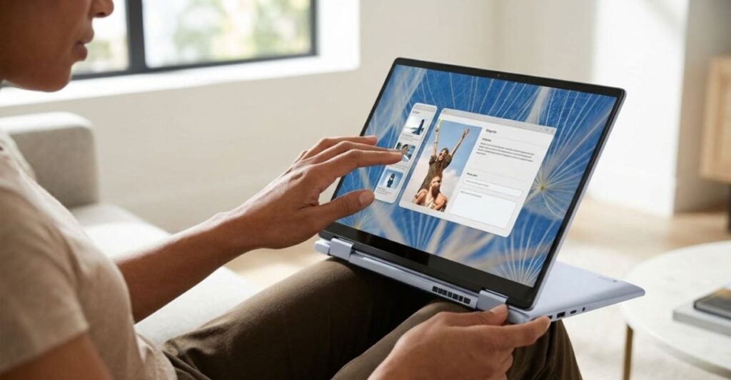 Usuário utilizando tela touchscreen do Dell Inspiron 14 2 em 1