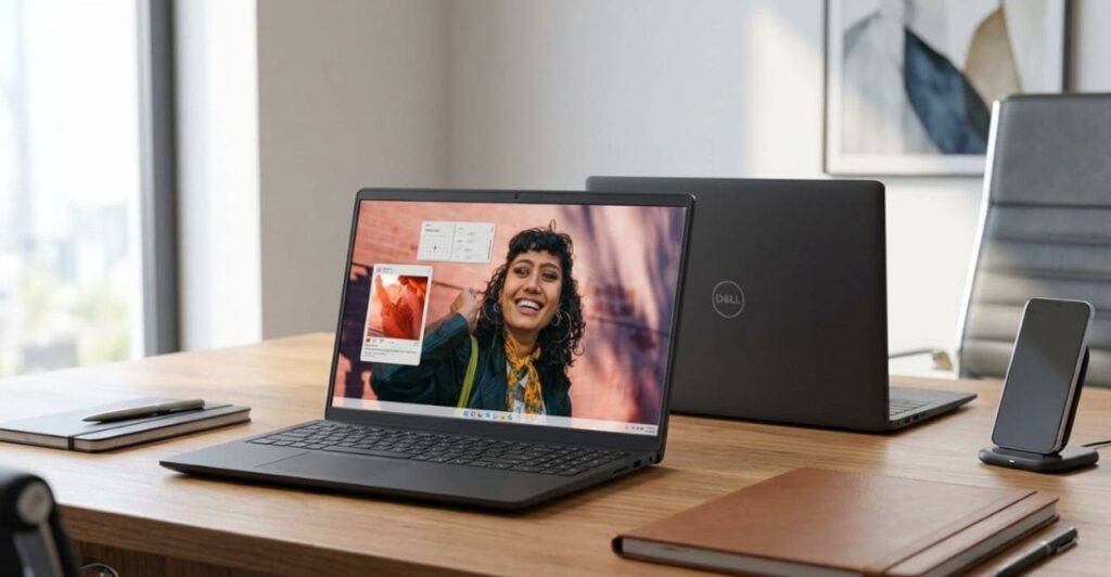 Notebook Dell Inspiron I15-I1300-A30P aberto e fechado sobre mesa