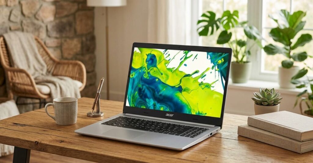 Notebook Acer Aspire 5 Full HD em ambiente de home office confortável