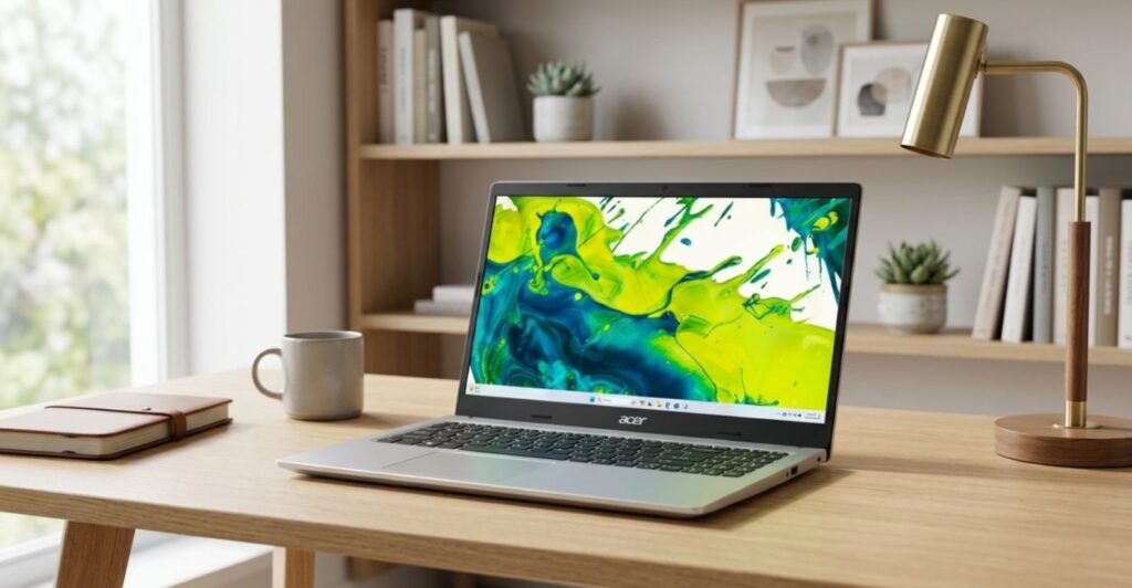 Notebook Acer Aspire 5 com tela Full HD IPS e SSD NVMe em mesa minimalista