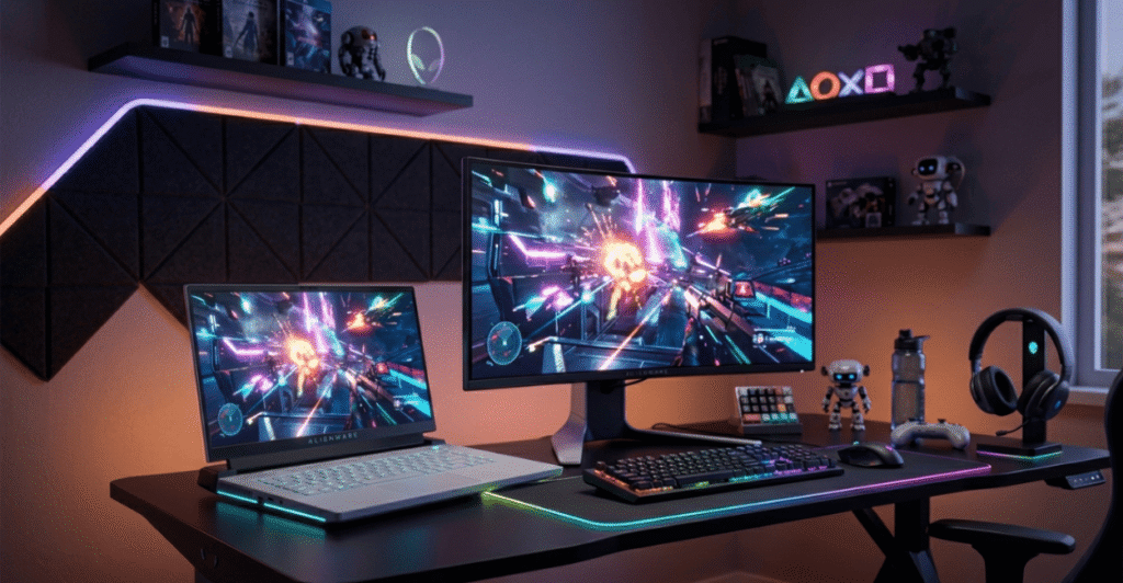 Alienware 16 Aurora RTX 3050 em setup gamer premium moderno