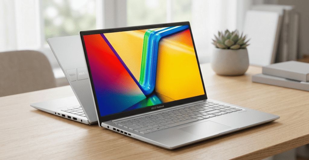 Notebook ASUS Vivobook 15 X1504VA aberto sobre mesa de madeira