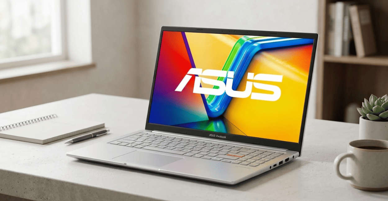 Notebook ASUS Vivobook 15 X1504VA com logo ASUS na tela