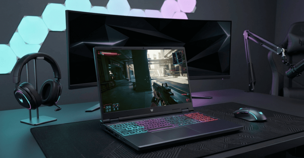Setup gamer com Acer Predator Helios Neo 16 RTX 4070 conectado a monitor externo RGB
