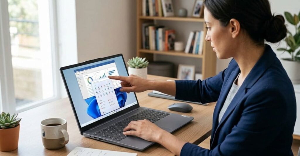 Lenovo IdeaPad Slim 3 sendo utilizado em home office