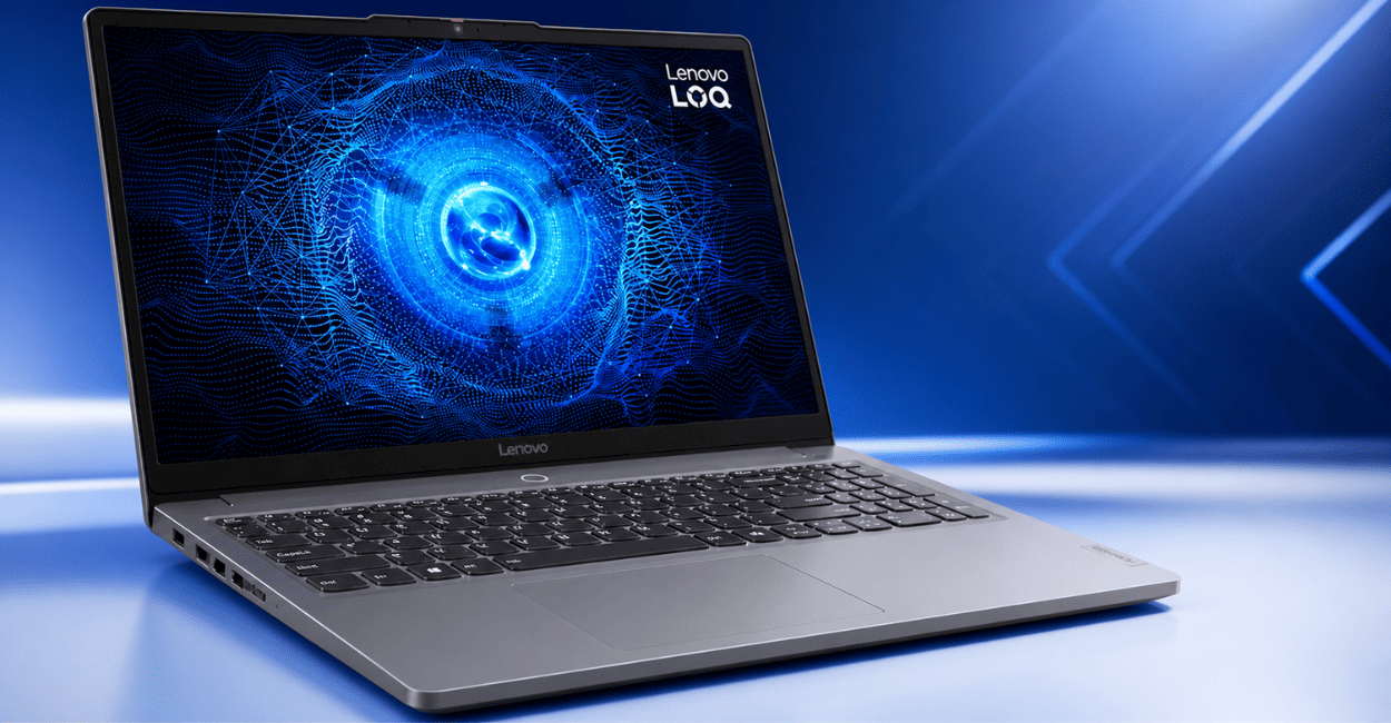 Notebook Lenovo LOQ RTX 4050 em fundo azul mostrando design gamer e tela Full HD