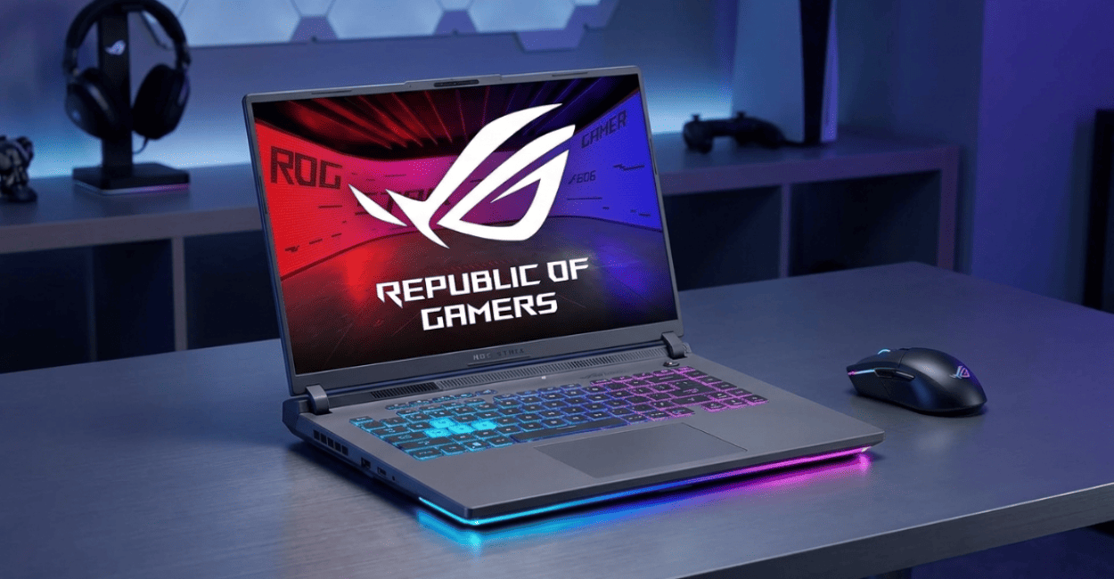 Notebook ASUS ROG Strix G16 RTX 5060 com tela 240Hz e Intel Core i9 em setup gamer RGB