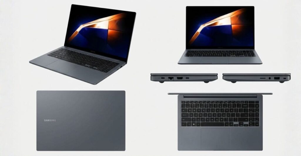 Notebook Samsung Galaxy Book4 i5 mostrando tela, teclado, laterais, portas e construção premium em metal