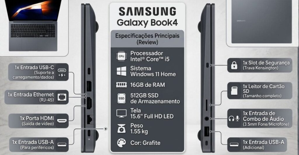 Ficha técnica do notebook Samsung Galaxy Book4 i5 com Intel Core i5, SSD 512GB e tela Full HD IPS