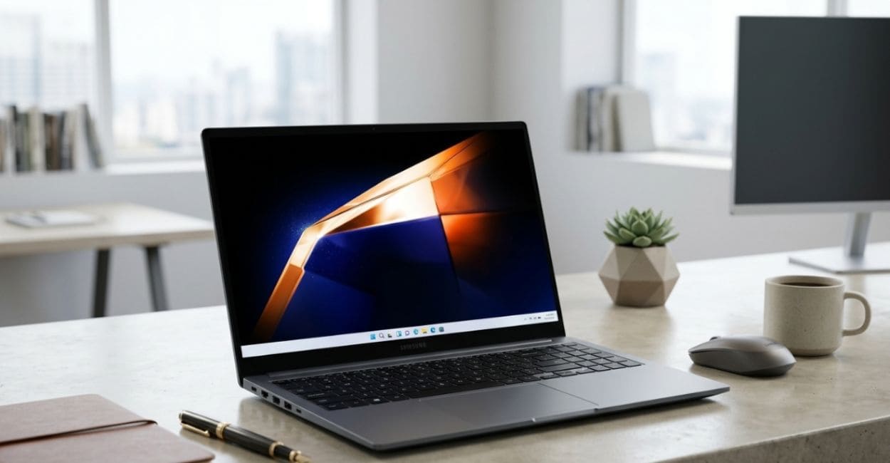 Review do notebook Samsung Galaxy Book4 i5 mostrando design premium e uso para produtividade