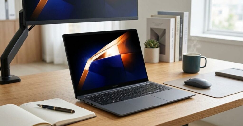 Samsung Galaxy Book4 i5 sendo utilizado em setup de home office e produtividade
