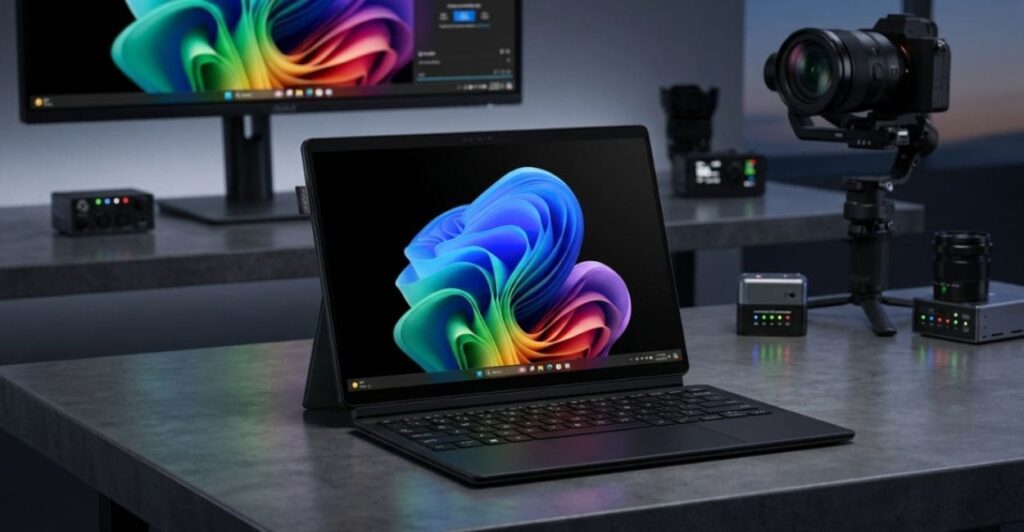 ASUS ProArt PZ13 em estação de trabalho para edição de vídeo e criação de conteúdo
