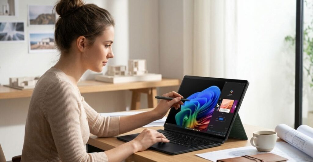 Profissional utilizando ASUS ProArt PZ13 para design gráfico e criação de conteúdo