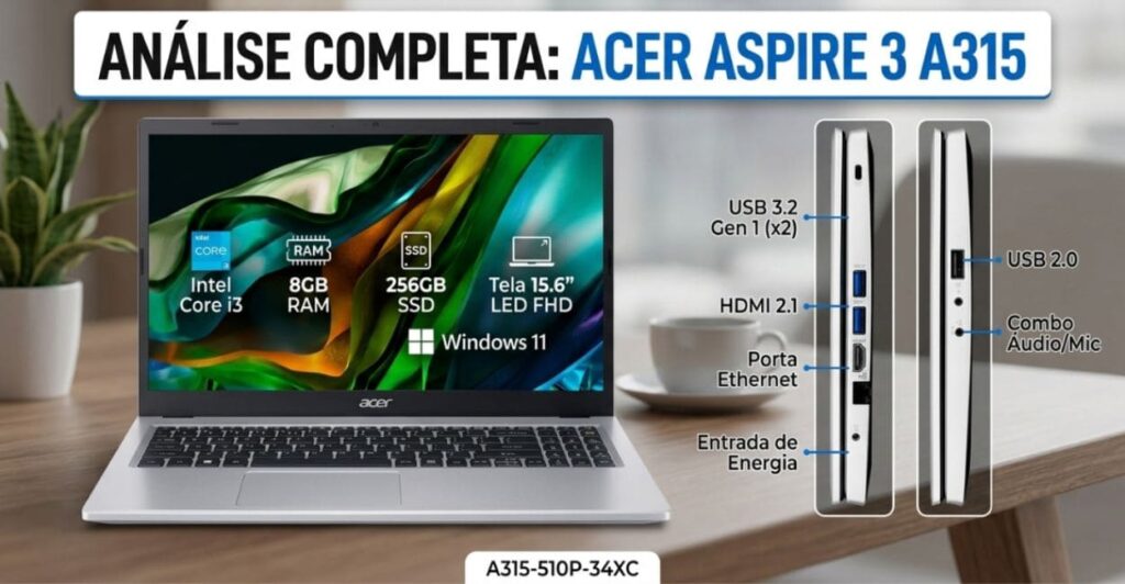 Ficha técnica do Notebook Acer Aspire 3 A315-510P-34XC com Intel Core i3, 8GB RAM e SSD de 256GB