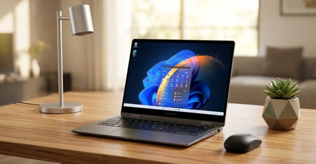 Galaxy Book 360 executando Windows 11 em ambiente de trabalho profissional