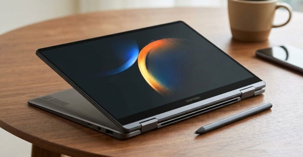 Galaxy Book 360 utilizado no modo tablet com tela touchscreen AMOLED