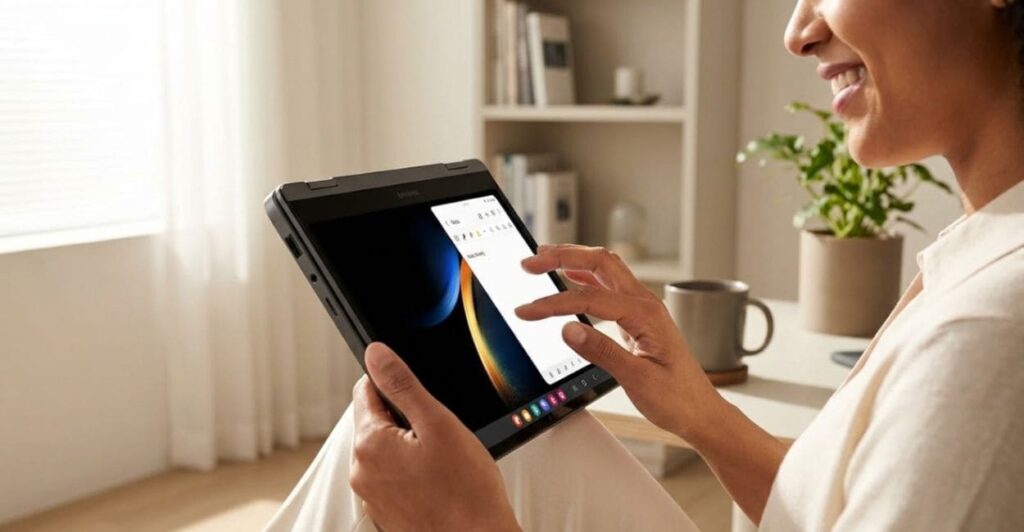 Pessoa utilizando o Galaxy Book 360 em modo tablet durante atividades do dia a dia