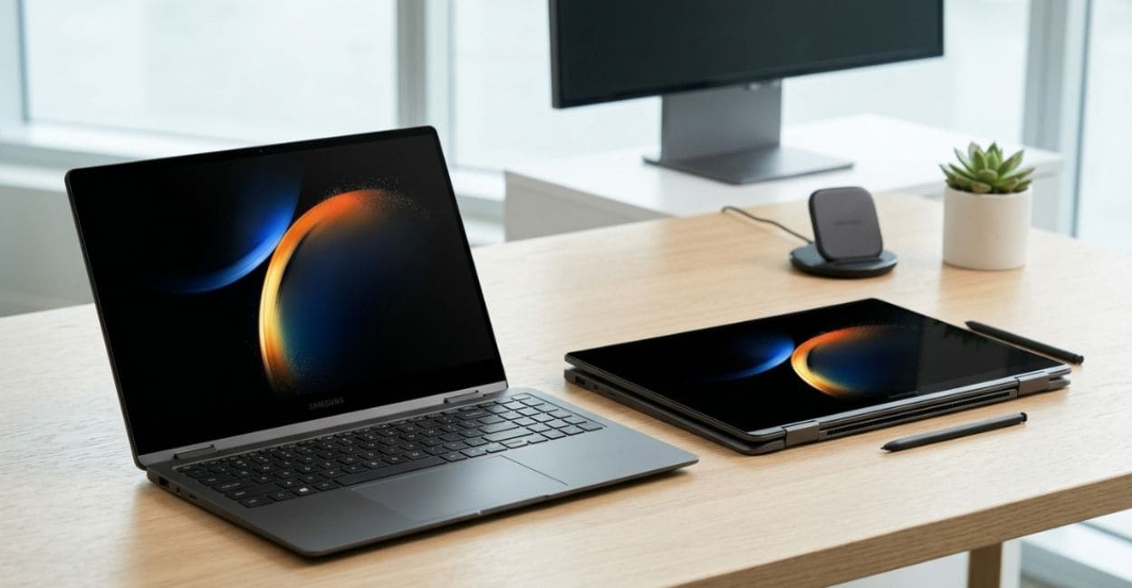 Galaxy Book 360 aberto exibindo sua tela AMOLED em ambiente de trabalho