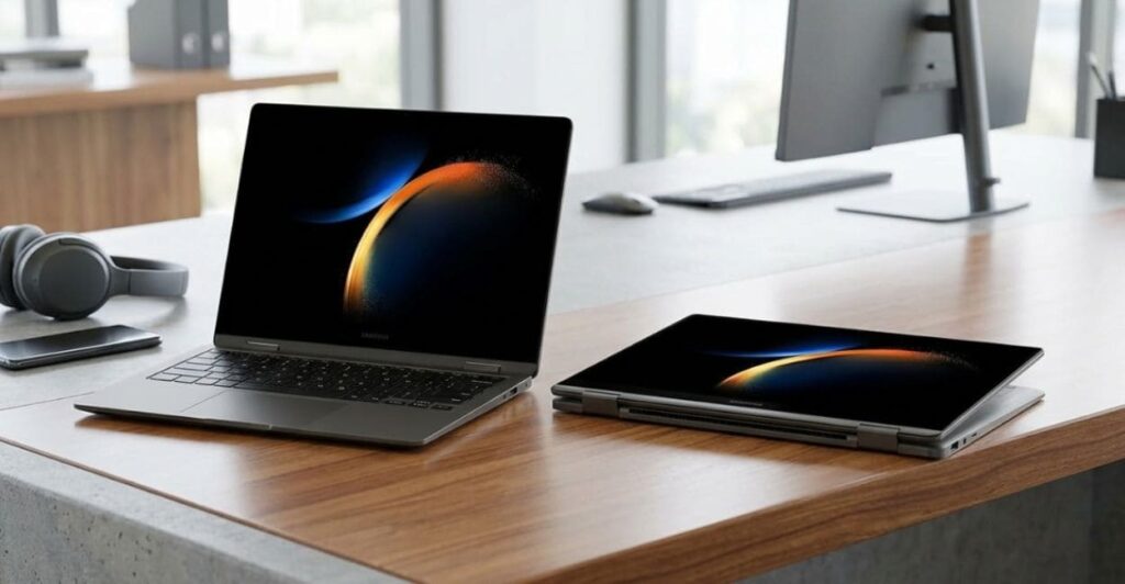 Galaxy Book 360 exibido nos modos notebook e tablet sobre mesa de trabalho