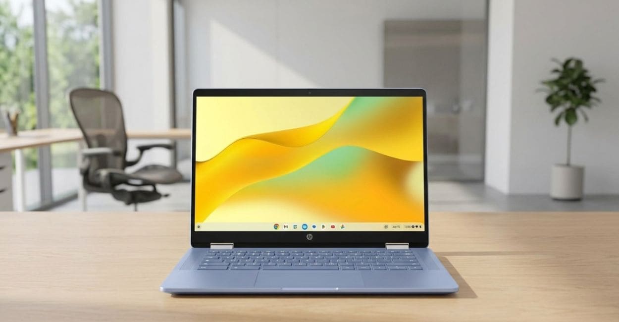 HP Chromebook x360 14b aberto em modo notebook sobre mesa de escritório moderno, mostrando tela touchscreen Full HD e design azul celeste