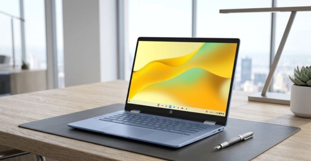 HP Chromebook x360 14b aberto sobre mesa com mousepad em ambiente de home office com vista para cidade, mostrando a tela colorida do Chrome OS