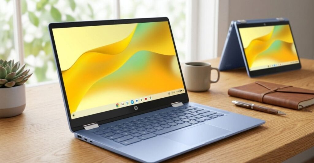 Dois HP Chromebook x360 14b sobre mesa de madeira, um em modo notebook e outro em modo cavalete, mostrando a dobradiça 360 graus e o Chrome OS na tela