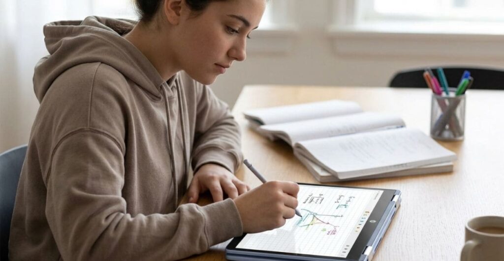 Estudante usando HP Chromebook x360 14b em modo tablet com caneta para fazer anotações em gráfico, com caderno aberto ao fundo em mesa de estudos