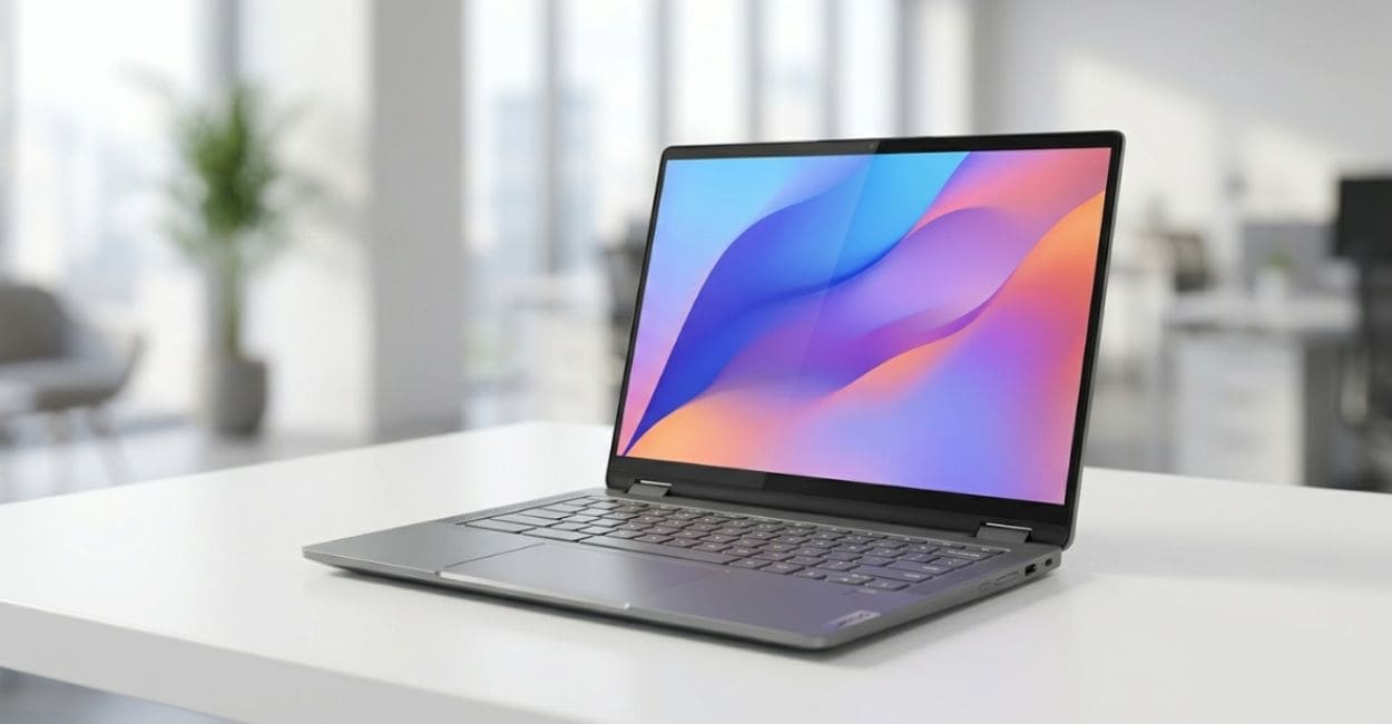Lenovo Flex 5i Chromebook Plus com design slim em cor Storm Grey sobre mesa branca com fundo desfocado