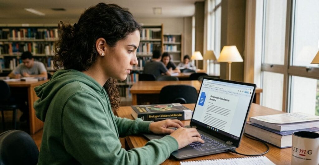 Estudante brasileira usando o Lenovo Flex 5i Chromebook Plus em biblioteca universitária com Google Docs aberto na tela