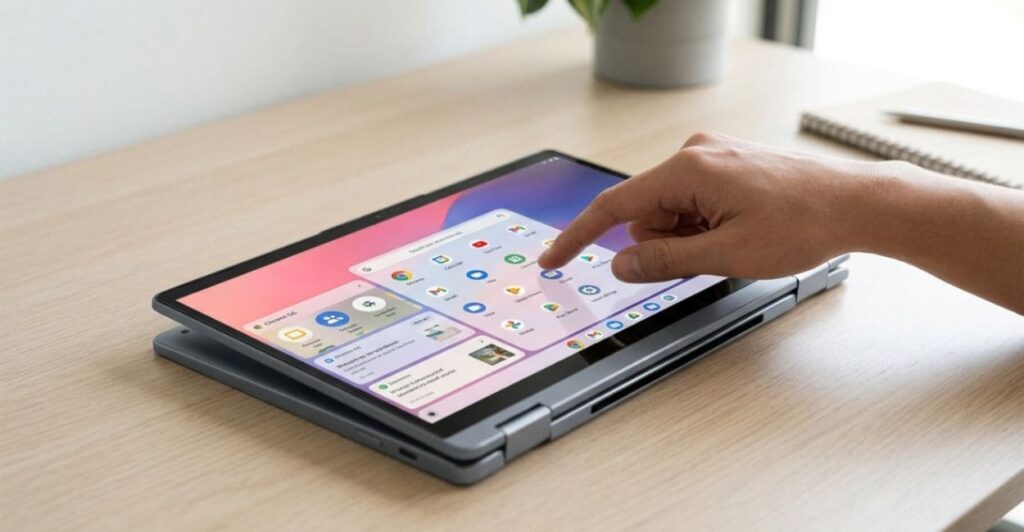 Lenovo Flex 5i Chromebook Plus em modo tablet com mão tocando a tela touchscreen exibindo interface do Chrome OS