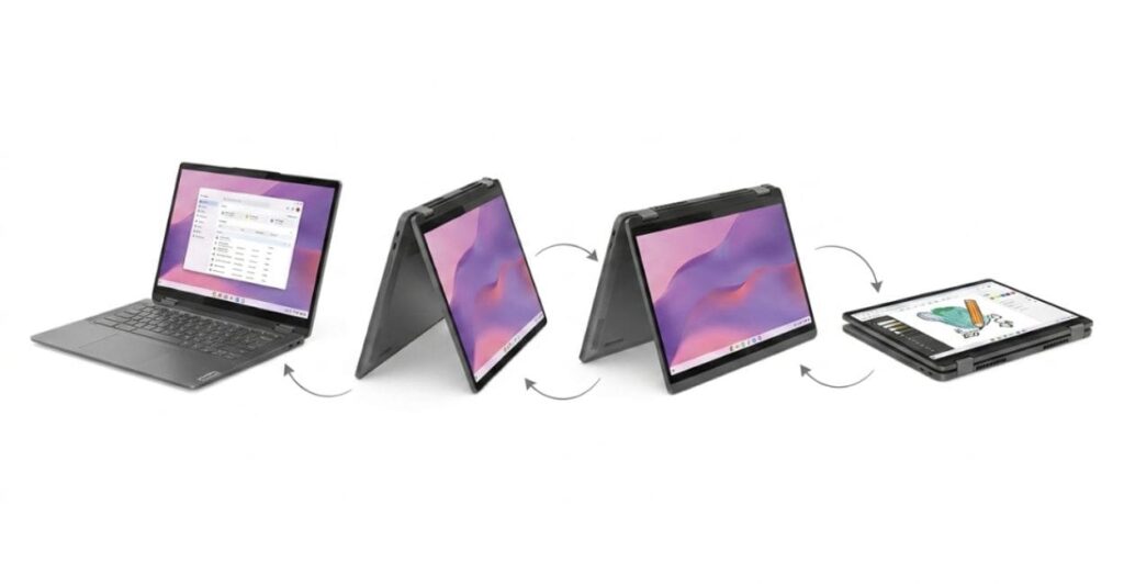 Lenovo Flex 5i Chromebook Plus exibindo os quatro modos de uso: notebook, tenda, suporte e tablet com dobradiça de 360 graus