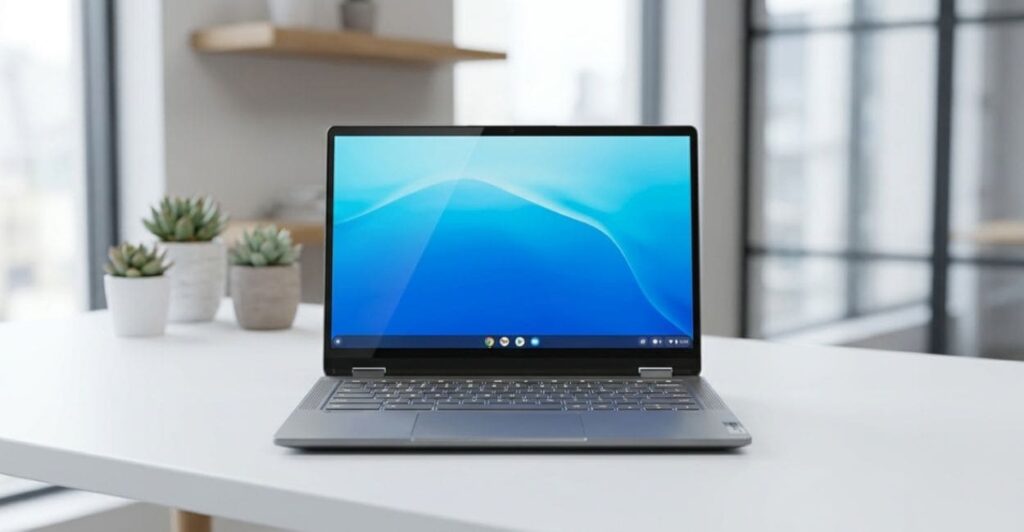 Lenovo Flex 5i Chromebook Plus de frente exibindo a tela WUXGA touchscreen com wallpaper azul do Chrome OS