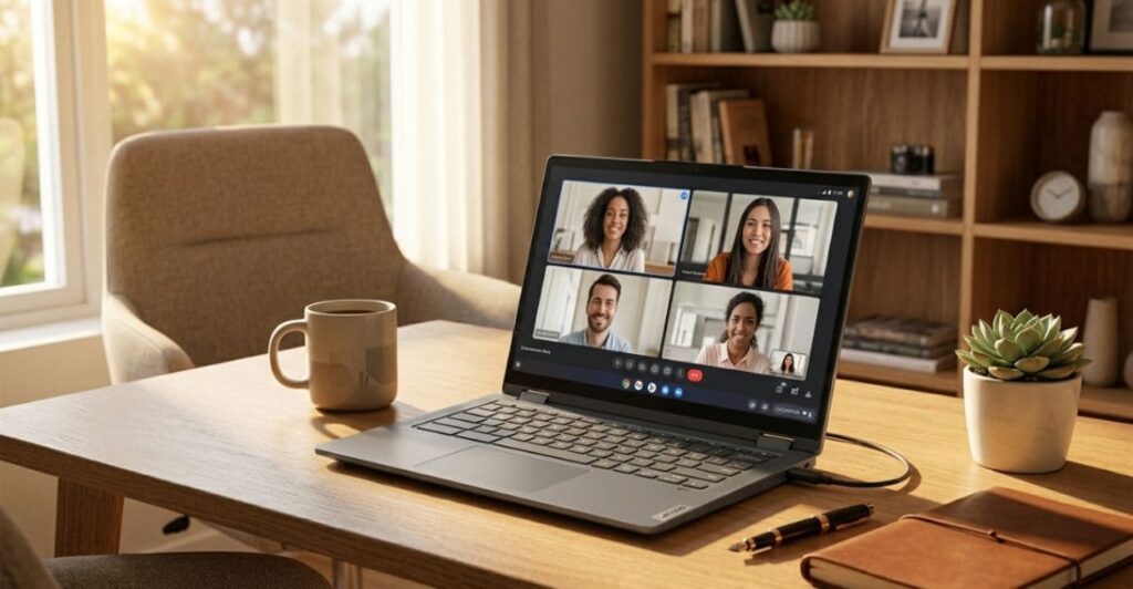 Lenovo Flex 5i Chromebook Plus aberto em mesa de home office com videoconferência no Google Meet