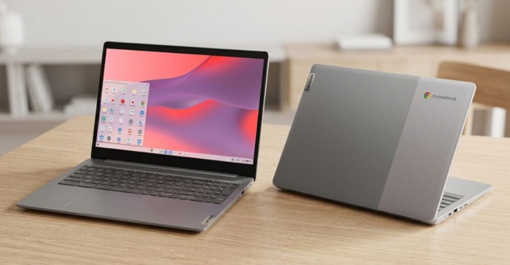 Dois Lenovo IdeaPad 3i Chromebook em mesa de madeira, um aberto mostrando o Chrome OS e outro fechado exibindo o logo Chromebook na tampa