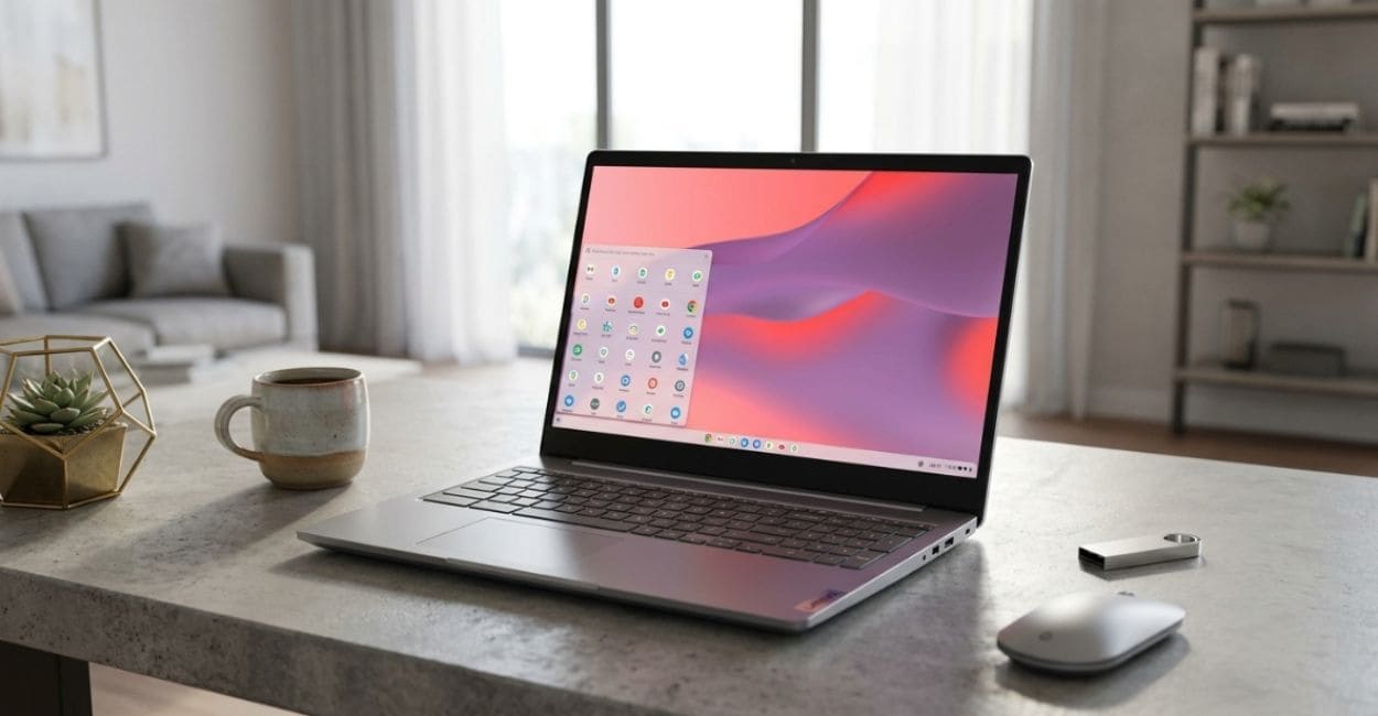 Lenovo IdeaPad 3i Chromebook cinza aberto em mesa de escritório com pendrive USB de 64GB e mouse ao lado