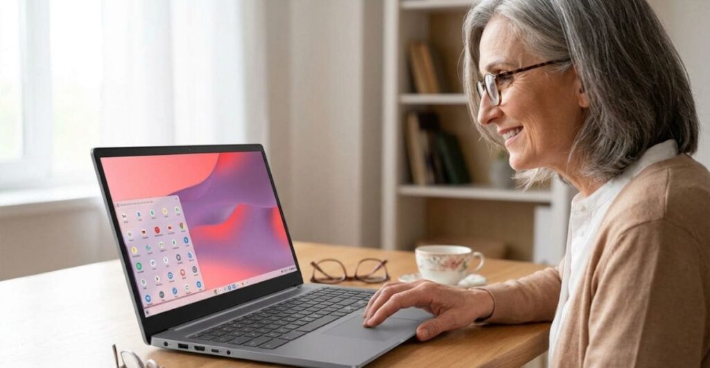 Mulher idosa sorrindo enquanto usa o Lenovo IdeaPad 3i Chromebook em mesa de casa, com óculos e xícara de chá ao lado