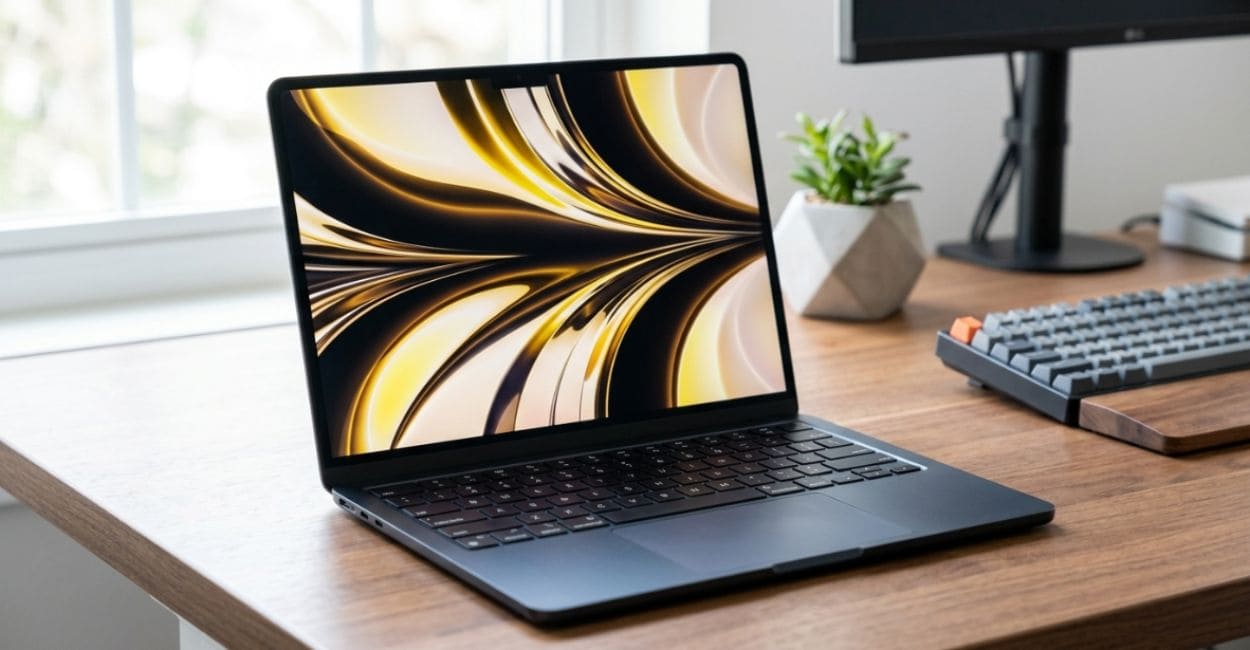 Design premium do MacBook Air M2 em ambiente de trabalho