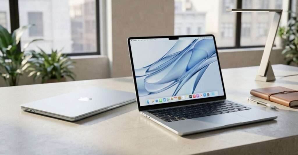 MacBook Air M4 aberto sobre mesa destacando design premium em alumínio
