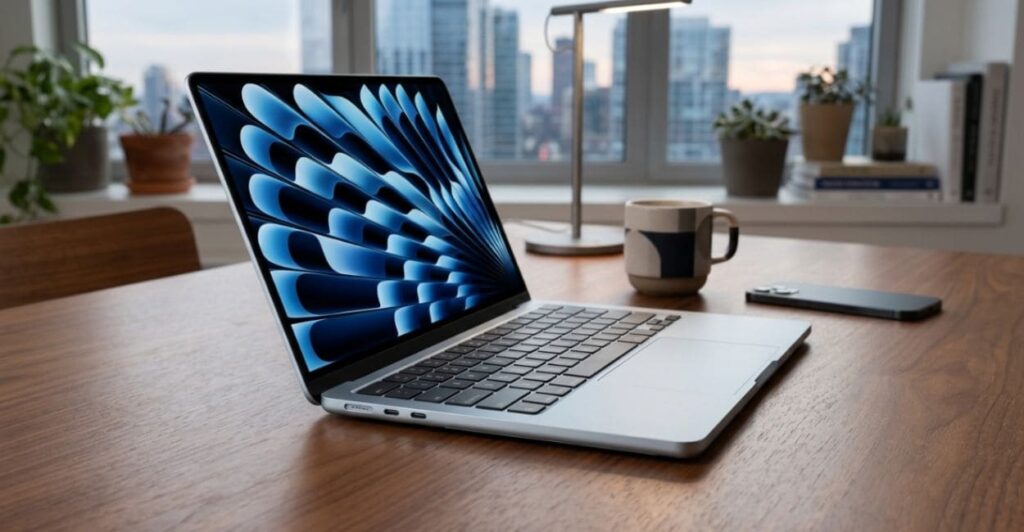 MacBook Air M4 utilizado para produtividade em ambiente de trabalho moderno