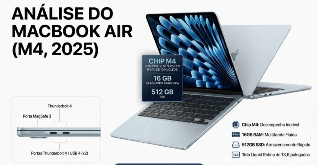 Especificações do MacBook Air M4 com chip M4, 16GB RAM e SSD 512GB