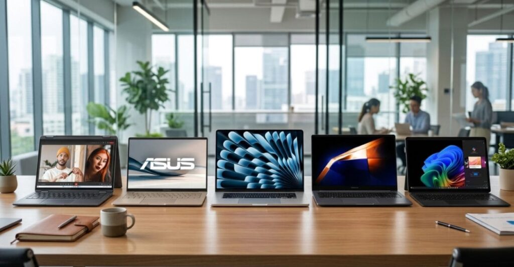 MacBook Air ao lado de notebook conversível Windows e ultrabook em sala de reunião moderna