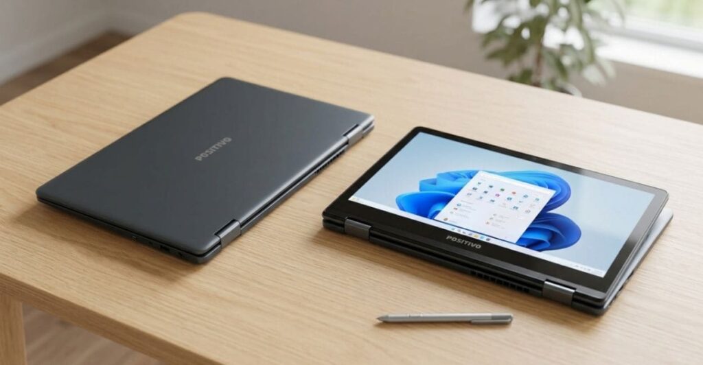 Positivo Duo C4128E em modo tablet com tela touchscreen e caneta capacitiva sobre mesa de madeira