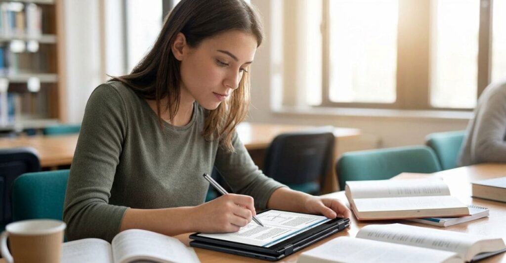 Estudante usando o Notebook 2 em 1 Positivo Duo em modo tablet com caneta capacitiva em biblioteca
