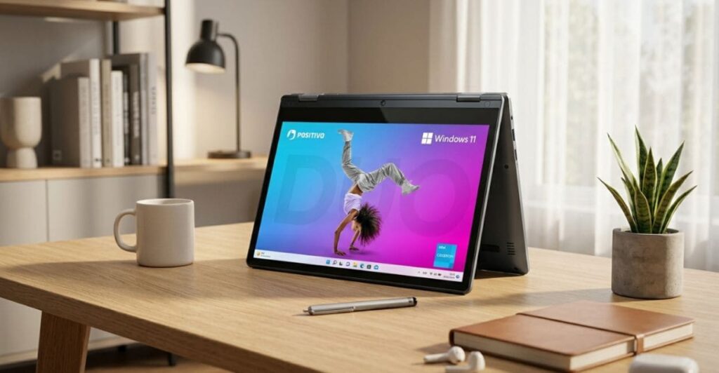 Positivo Duo C4128E em modo apresentação com Windows 11 e caneta sobre mesa de escritório