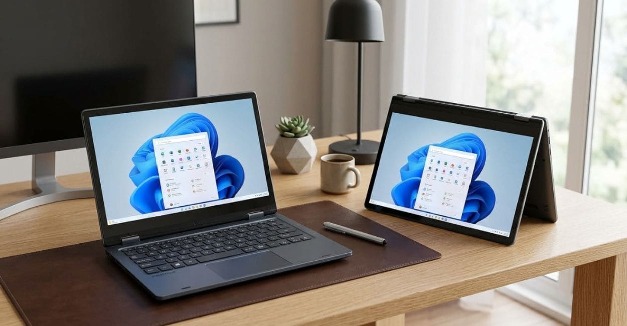 Notebook 2 em 1 Positivo Duo em modo notebook e modo cabana sobre mesa de escritório