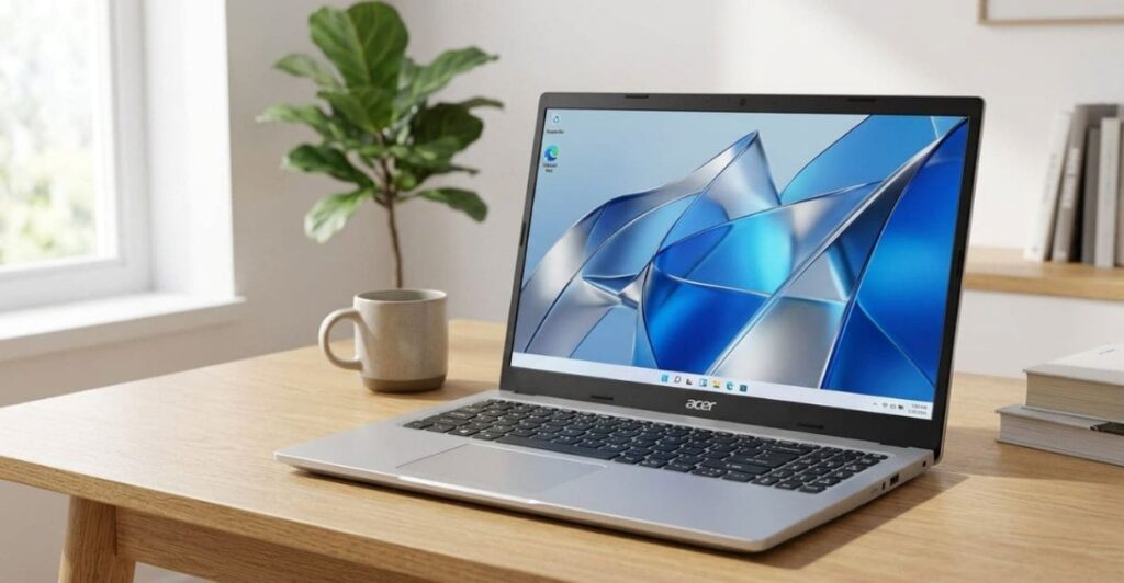 Notebook Acer Aspire 3 A315-510P-34XC sobre mesa destacando tela Full HD e design elegante